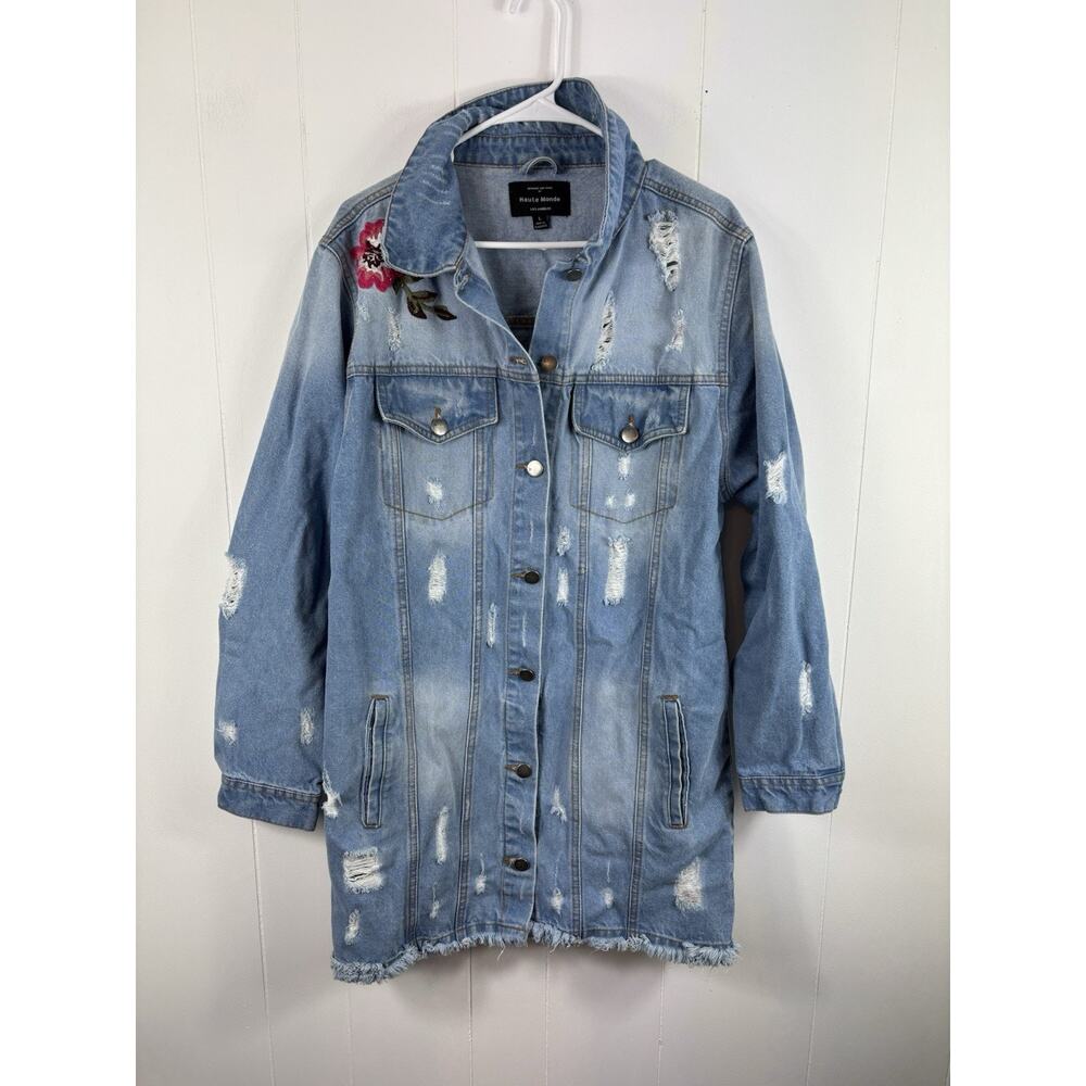 Haute Monde Iris Distressed Denim Jacket Long Grunge Biker Festival Boho